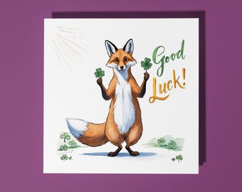 Handmade Funny fox with a four-leaf clover Good Luck! Card Funny Animal Card Animal Lovers Premium Greeting Card With Envelope Love