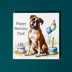 Race de chien boxer mignon fait main avec gâteau Carte de joyeux anniversaire pour papa Carte d'animal drôle Carte de voeux et enveloppe premium pour amoureux des animaux