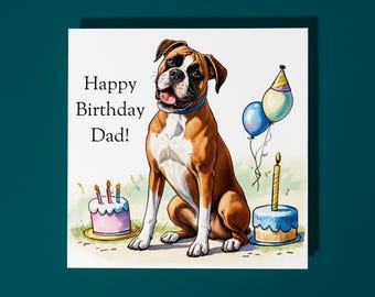 Handmade Cute Boxer Dog breed with Cake Happy Birthday Dad Card Funny Animal Card Animal Lovers Premium Greeting Card & Envelope