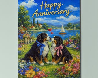 Bernese Mountain Dog Personalised Anniversary Card, Romantic Dog Couple Card