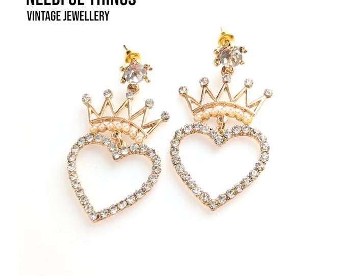 Lovely Vintage Jewellery Majestic Crown Open Work Heart Stud Back Earrings