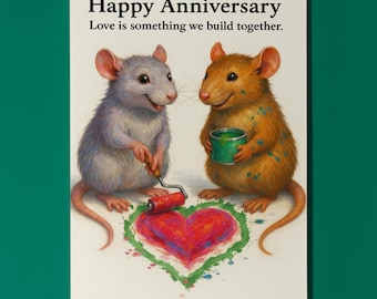 Two rats - Love is something we build together - Happy Anniversary Card - Funny animals - Premium Greeting Card Envelope - Personalised card