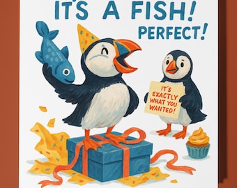 Puffin eating cake Happy Birthday Card - Funny Animal - Premium Greeting Card Envelope - Personalised Birthday - funny card - sister friend