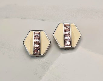 Lovely Vintage Jewellery Cream  Enamel Pink Rhinestone Clip-on Earrings by S.A.L. Jewellery