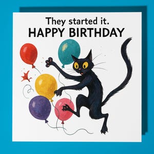Fine Art Funnies Collection - Cat with balloons - Happy Birthday Card - Premium Greeting Card & Envelope - Personalised card - Friend Family
