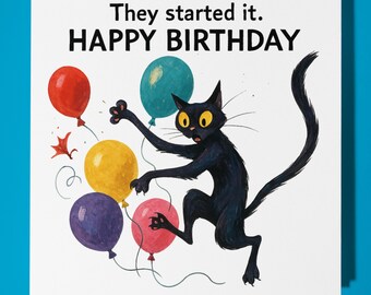 Fine Art Funnies Collection - Cat with balloons - Happy Birthday Card - Premium Greeting Card & Envelope - Personalised card - Friend Family