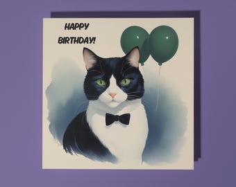 Handmade Sleek and elegant tuxedo cat  - Happy Birthday Card Funny Animal Card Animal Lovers Premium Greeting Card & Envelope