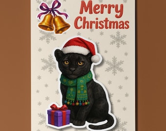 Festive Panther Cub with Gift - Pop Animal 3D Collection Christmas Card - Funny Animal - Premium Quality Greeting Card Envelope Personalised