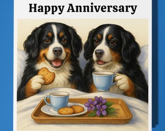 Bernese Mountain Dogs in bed - Happy Anniversary Card  Funny Animal - Premium Greeting Card & Envelope - Personalised Dog card - Husband