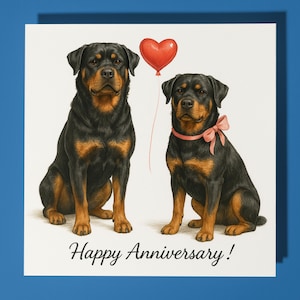 Tarjeta de feliz aniversario con perros rottweiler y corazón rojo. Divertida tarjeta de felicitación premium y sobre. Tarjeta personalizada para perro. Esposa y esposo.