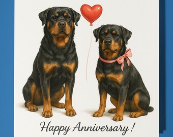 Rottweiler dogs and red heart Happy Anniversary Card  Funny Animal - Premium Greeting Card & Envelope - Personalised Dog card - Wife Husband