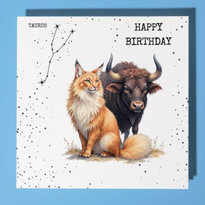 Gelukkige verjaardagskaart Stier - grappige dieren - Premium wenskaart en envelop - gepersonaliseerde kaart met sterrenbeeld zoon zus vriend moeder dochter