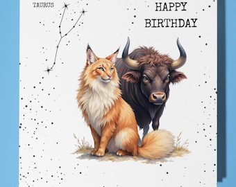 Taurus Happy Birthday Card - Funny Animal - Premium Greeting Card & Envelope - Personalised zodiac sign card  Son Sister Friend Mum Daughter