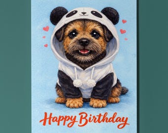 Border Terrier Dog: Panda Disguise Happy Birthday Card Funny Animal Premium Greeting Card Envelope - Personalised Kids Grandson