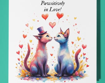 Two Cats - Love Card - Funny Animal Card - Animal Lovers - Premium Greeting Card & Envelope Personalised Cat card - wife husband boyfriend