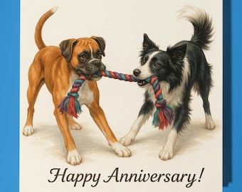 Boxer and Border Collie Dogs - Happy Anniversary Card  Funny Animal - Premium Greeting Card & Envelope - Personalised Dog card - Husband