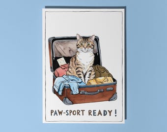 Handmade Funny cat in a suitcase Paw-Sport Ready!  Bon Voyage Card Funny Animal Card Animal Lovers Premium Greeting Card Envelope