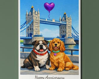 London's Tower Bridge Cocker Spaniel English Bulldog dogs Happy Anniversary Card Envelope Funny Premium Personalised Couples Spouses Husband