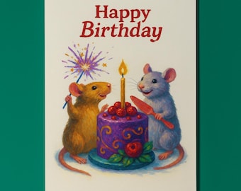 Two rats Sharing the Cake - Happy Birthday Card - Funny Animal - Matte Greeting Card and Envelope - Personalised - Friends
