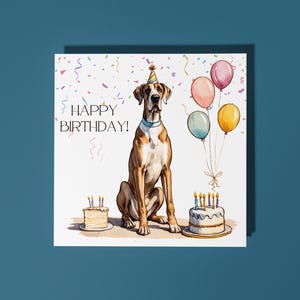 Cão da raça Dogue Alemão Fofo Feito à Mão Com Bolo Feliz Aniversário! Cartão Cartão Engraçado de Animal Amantes de Animais Cartão de Saudação Premium e Envelope.