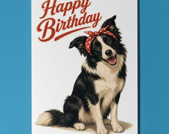 Border Collie Birthday Card, Retro Pin Up Dog Greeting Card, Personalised Vintage Style