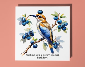 Handmade Bird  blueberries Wishing you a berry special Happy Birthday Card Funny Animal Card Animal Lovers Premium Greeting Card & Envelope