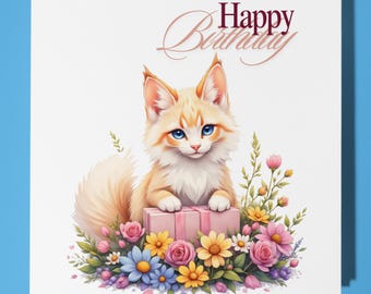 Fluffy Ragdoll cat Happy Birthday Card - Funny Animal - Premium Greeting Card & Envelope - Personalised Cat card - grandson daughter son mum