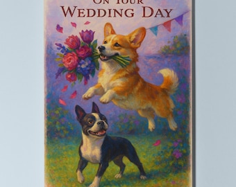 Corgi and Boston terrier Dogs Duo - Bouquet Chase On your wedding day Card Funny Dog Breeds - Premium Greeting Card Envelope Personalised