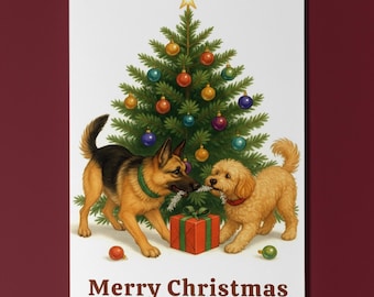 German Shepherd & Cockapoo Terrier Dogs Duo - Merry Christmas Card - Funny Dogs - Dog Breeds - Premium Greeting Card Envelope Personalised