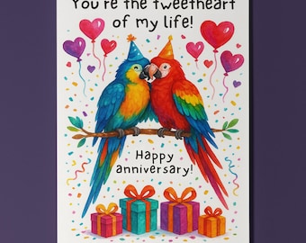 Colourful Macaw Parrot Couple - Happy Anniversary! Card -  Premium Greeting Card and Envelope - Funny animals - Personalised - Couples