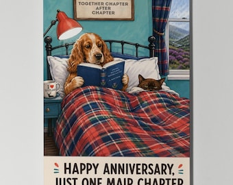 Cocker Spaniel Cat Anniversary Card, Scottish Dog Couple Cozy Scene