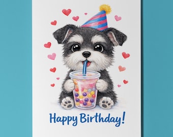 Schnauzer Personalised Birthday Card Boba Bubble Tea Cute Kawaii Dog