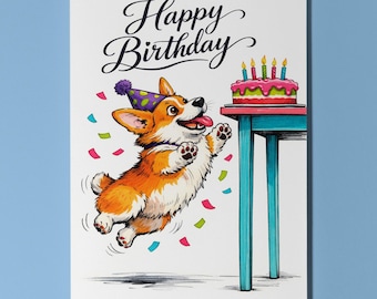 Dog Breeds Collection - Corgi Cake Jump Happy Birthday Card - Funny Animal - Premium Greeting Card & Envelope - Personalised Friends Family