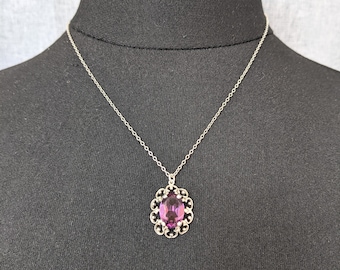 Lovely Vintage Sterling Silver Purple Crystal Pendant 925 Chain Necklace