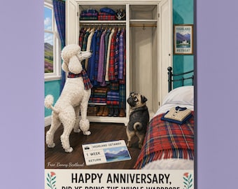 Poodle Pug Personalised Anniversary Card, Funny Scottish Wardrobe Dog Couple Gift