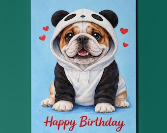 Biglietto di compleanno con bulldog inglese, felpa con cappuccio personalizzata con panda, regalo carino per amanti dei cani
