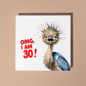 Tarjeta de felicitación de cumpleaños con una garza sorprendida y divertida hecha a mano: ¡Dios mío, tengo 30 años! Tarjeta de felicitación de cumpleaños con una garza divertida Tarjeta de felicitación y sobre premium para amantes de los animales