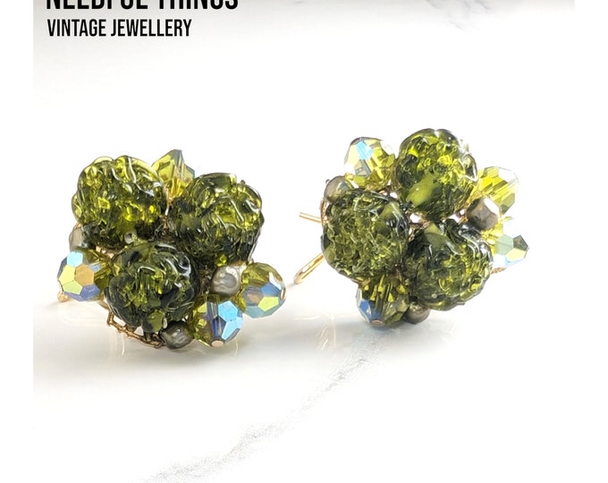 Lovely Vintage Judith McCann's Green Crystal Wingback Earrings Jewellery