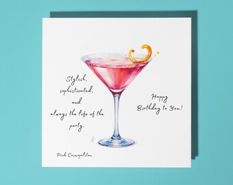 Handmade Pink Cosmopolitan cocktail - Stylish, sophisticated - Happy Birthday Card Premium Greeting Card & Envelope