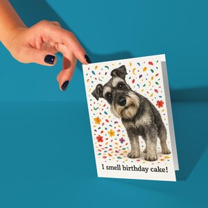 May include: A birthday greeting card featuring a Schnauzer dog illustration. The card has a white background with colorful confetti and flower accents. The text "I smell birthday cake!" is printed at the bottom. The card is held by a hand with dark blue nail polish.