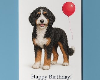 Bernedoodle Personalised Birthday Card, Red Balloon Dog Card