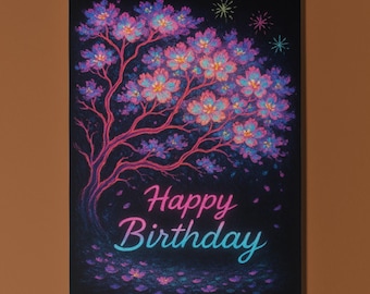 Neon Blossom – Bright Sakura Tree Art - Happy Birthday Card -  Premium Greeting Card Envelope - Personalised card - Couples Wife Husband