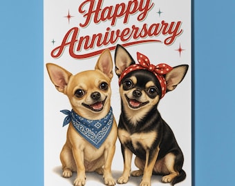 Chihuahua Anniversary Card, Retro Dog Couple Greeting Card, Personalised Vintage Pin Up