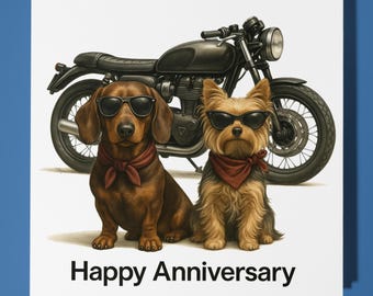 Dachshund and Yorkshire Terrier near Motorbike Happy Anniversary Card Funny Animal Premium Greeting Card Envelope Personalised dog card