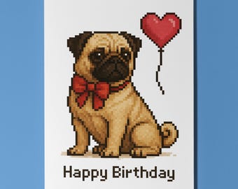 Dog Breeds Collection - Pixel Portraits - Pug Dog - Happy Birthday Card - Funny Animal -Premium Greeting Card Envelope - Personalised card