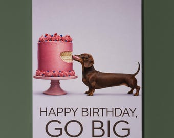 Dachshund Sausage Dog Personalised Birthday Card, Funny Go Big Cake Gift