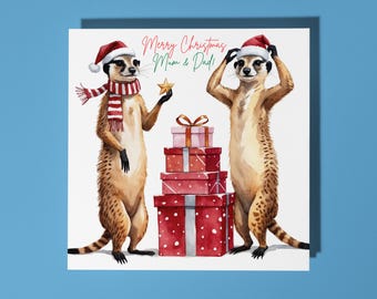Handmade cute Meerkats with gifts Merry Christmas Mum & Dad Card  Premium Greeting Card with White Envelope / Merry Christmas Mum and  Dad