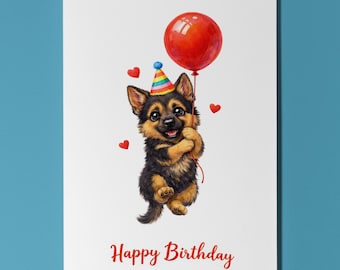 German Shepherd Dog Flying Balloon Birthday Card, Cute Personalised Dog Lover Gift