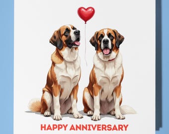 St Bernard Dogs Red Heart - Happy Anniversary - Card  Funny Animal - Premium Greeting Card & Envelope - Personalised Dog card - Wife Husband