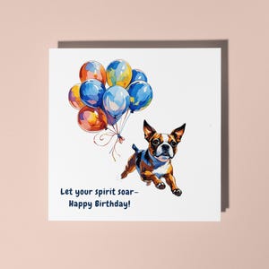 Handgemachter fliegender Boston Terrier mit Luftballons Happy Birthday! Karte Lustige Tierkarte Tierliebhaber Premium Grußkarte Umschlag